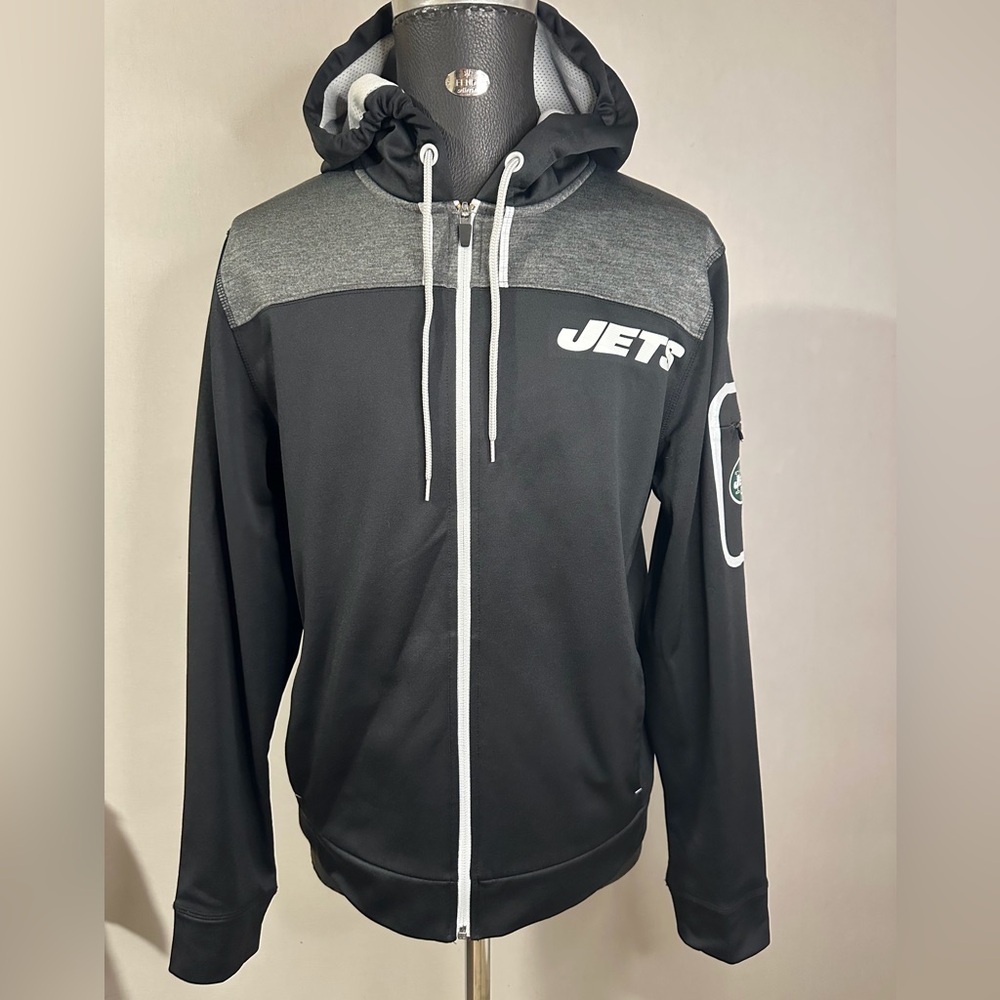 Majestic JETS Hoodie zipper Jacket. Green/Gray SIZE M